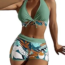 tainehs Women's Two-Piece Bikini Swimsuit Tie Halterneck Padded Deep V-Neck Swimsuit with Boys Shorts-picture-33