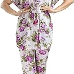 Plus Size Floral Print Satin Nightwear Set, Short Sleeve Top and Pyjama, White with Pink Roses, Casual Loungewear-image-18