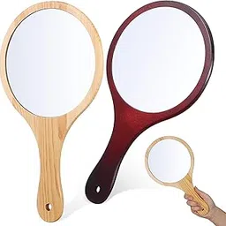 balacoo Stylish Hand Mirror Set 2 Large Round Vintage Makeup Mirrors Wooden Handle-picture-19