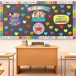 Mooliwe 81 Pcs Diversity Bulletin Board Set Inclusive Everyone is Welcome Classroom Decoration Kindness Children Hearts Cutouts Handprints Border Trim for Back to School Classroom Decor-picture-22