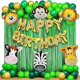 Giftella Jungle Theme Birthday Decoration Kit – Animal Foil Balloons with Green & Gold Latex Balloons, Happy Birthday Banner for Kids Party (Set of 111)-picture-35