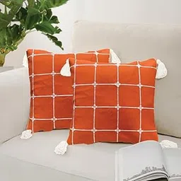 Urban Space Embroidered Cotton Cushion Cover Set of 2, 18 inch x 18 inch Cushion Covers for Sofa, Bedroom, Living Room (Aura Checks Orange, Cushion Cover 46cm x 46cm, Set of 2)-picture-14