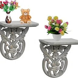 Woodenclave Handcarved Solid Wood Flower Design Wall Mounted Floating Shelf Wooden Wall Brackets Shelves Set for Home Living Room Decor - (Distressed Grey)-picture-10