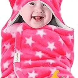 OYO BABY 3-in-1 Fleece Hooded Baby Blanket Wrapper -Pack of 1 (Baby Pink Star Printed) | All Season | 0-6 Months | Sleeping Bag | Great Gift | Bath Towel | Multipurpose Comforter-image-1