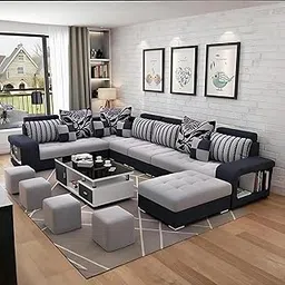 Torque - Allister U Shape 12 Seater Sofa Set for Living Room (Right Side, Black & Light Grey) | U Shaped Sofa Couch with 4 Puffy for Hall Guest Room | 3 Years Warranty-picture-16