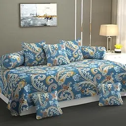 Rvans Creations Cotton 8 Piece Diwan Set 1 Bed Sheet 2 Bolster Cover 5 pcs Cushion Cover (Light Blue) image 1