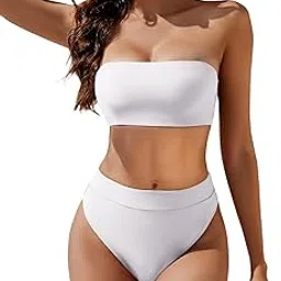 yacun Women's Two Piece Bandeau Bikini Swimsuit Off Shoulder Cheeky High Waisted Bathing Suits, White, M-picture-16