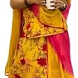 Rajasthani Cotton Poshak, Traditional Rajputi Style Yellow and Pink Floral Dress with 2.5 Meter Hand-Dyed Odhani, Unstitched-image-52