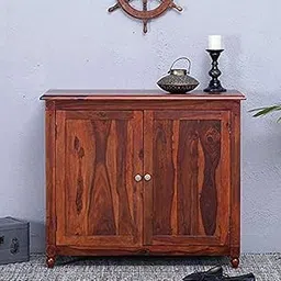 UNITEK FURNITURE Multipurpose Solid Sheesham Wood Shoe Rack Cabinet Wooden Shoes Storage Stand Furniture for Home Office - Teak Finish-image-18