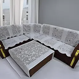 Ultica Fab® Cotton Floral Printed Designer L Shape Sofa Covers Set (Slipcovers) with Table Cover for Your Home Long Sofa and Couch(3+4 Seater) (Set of 15) (White) image 1