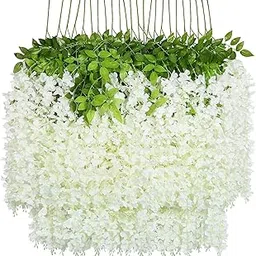 Tia Crafts Polyester Artificial Hanging Flowers For Ceiling Balcony|White Wisteria Vine|Home Party Decor Garden Outdoor Greenery Office Wall Decoration|Waterproof Washable 45 Pack Of 6(White,6) image 1