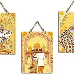 Decor Smart Wooden Wall Hanging | Royal Couple at Palace and Majestic Peacock | Handcrafted Yellow Golden Decorative Panels | Rajasthani Home Decor for Living Room Bedroom & Office (DWA_9641)-image-97