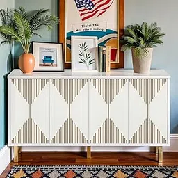 Goldview Furniture Solid Wooden Sideboard Cabinet with Marble Top Adjustable Shelves Modern Buffet Cabinet with Metal Legs for Kitchen Dining Room Living Room White (White + Gold, 59D x 13W x 31H)-image-46