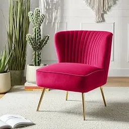 The Sofa Studio - Modern Upholstered Accent Velvet Chair Single Seater Channel Tufted Wing Back Chair with Golden Matel Legs for Living Room, Bedroom, Dining Room (Fuchsia)-image-5