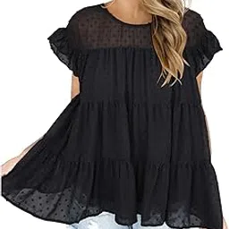 loxe Women Summer Top, Pure Color Women Top Polyester Ruffle for Home M Black-picture-38