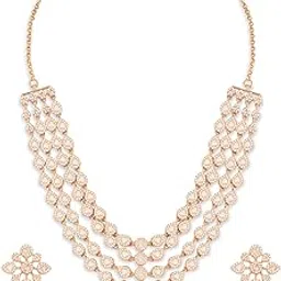 zaveri pearls Rose Gold Dazzling Cubic Zirconia Contemporary Layered Brass Necklace & Earring Set For Women-ZPFK21586-picture-35