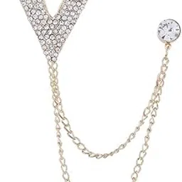 syga Men's & Women Suit Shirt Stud Lapel Pin Chain Tassel Brooch Pin with Crystal Chain(Big V gold)-picture-18