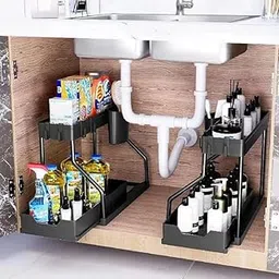 SIMESTICH L-Shaped Under Sink Organizers and Storage for Bathroom & Kitchen Adjustable Cabinet Organizer with Slide-Out Baskets, Space-Saving Rack-picture-12
