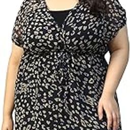 oxolloxo Women Plus Size Printed V-Neck Short Sleeve Elasticated Waist With Tie-Up Detail Beachwear Kaftan With Knee Length-picture-14