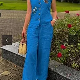 Women’s Solid Color Cotton Coord Set - Stylish Top with Elastic Sleeves & Palazzo Pants with Side Button Detailing | Comfortable Cotton Slub Two-Piece Outfit for Casual &-picture-20