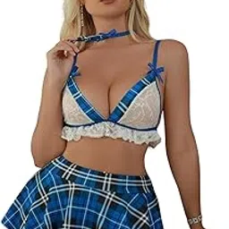 LUXZII Women’s Blue Plaid Lingerie Set with Lace Bralette, Mini Pleated Skirt & Choker – Two-Piece Babydoll Outfit for Cosplay, Parties & Special Occasions-picture-45