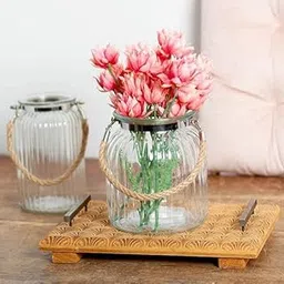 Rishabh Home Decoration Elegant Ribbed Hurricane Glass vase/Jar with Jute Rope Clear 2 Piece 6 inchi-picture-55