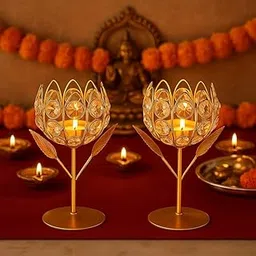 Sarita Home Set of 2 Gold Crystal Tealight Holders – Rose & Lotus Votive Candle Stands for Home Décor & Diwali Gifts-picture-14