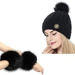 richmen Winter Hat Women with Wrist Warmer Band Ring Cuffs for Girls Woolen 2 in 1 Soft Fluffy Fur Headband Wrist Cuffs Pom-Pom Cap Combo for Ladies Free Size-picture-42