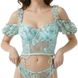 Lingerie Two Piece Deep V Neck Teddy Embroidery Babydoll Mesh Nightwear for Women Mesh Crop Top Bra with Panty Lingerie Chemise Outfits for Women Girl-image-78