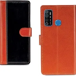 Pinaaki Enterprises Infinix Hot 9 Pro Case | Premium Leather Finish | with Card Pockets | Wallet Stand |Complete Protection Cover for Infinix Hot 9 Pro - Camel and Black-picture-32