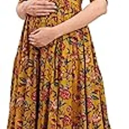 ssd textile Women’s Cotton V-Neck Puff Sleeves Floral Maternity Kurti with Hidden Side Zip for Casual Wear (Mustard)-picture-10