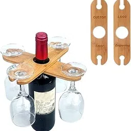 Bamboo Wine Bottle and Glass Holder, Cross Design, 4 Glass Slots Natural Wood. image 1