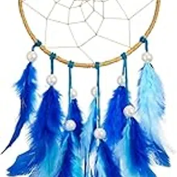 M/S Rakhi Handicraft Handcrafted Blue Feather Dreamcatcher Wall Hanging with Pearl Beads and Webbed Hoop – Home Decor and Spiritual Ornament-picture-16