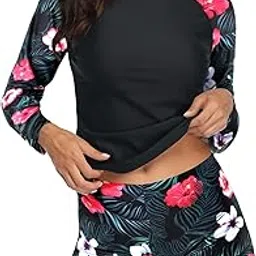 daci Women Two Piece Rash Guard Long Sleeve Swimsuits UV UPF 50+ Swim Shirt Bathing Suit with Boyshort Bottom, Green Leaf Flower, Medium-picture-12