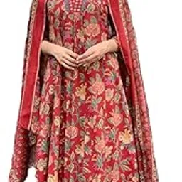 Traditional Floral Print Rayon Salwar Suit Set with Dupatta, Red, Yellow, V-Neck, Three-Quarter Sleeves, Ethnic Indian Wear-image-2