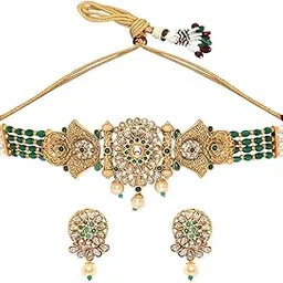 rubans Gold-Plated Emeral Kundan Stone-Studded Pearl Beaded Choker Jewellery Set For Women-picture-25