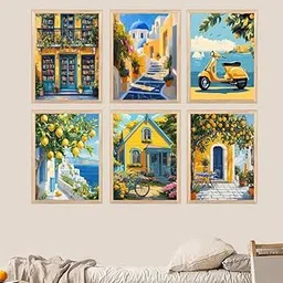 ARAkri Paper Mediterranean Wall Art Set, 6-Piece Art Prints, Vintage Travel Posters Collection With Frame, Yellow And Blue Coastal Themei Wall Decor Ideas - Set Of 6 Small (10X 13 Inch)(Style 1)-image-7