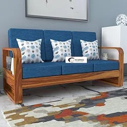 Wopno Furniture Solid Sheesham Wooden 3 Seater Sofa for Living Room | Sofa with Side Pocket Storage & Cushion | Rosewood Sofa Set for Home (Honey with Blue Cushion, 3 Seater)-picture-23