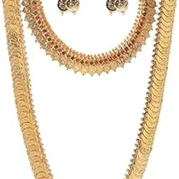 Jewellery set for women Gold Plated Long Traditional Coin Necklace set and Red Green Choker necklace Jewellery Set with Earrings for Girls and Women-image-27