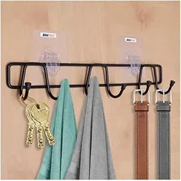 Stick Fast Self Adhesive Stainless Steel 6 Hooks Rail with 3M Sticker for Cloth Hanger, Door Hooks Rail for Bedroom, Kitchen, Bathroom, No Drills, Load Capacity 3.5 kg Each- Black image 1