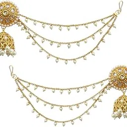 accessher Women's & Girls Gold-Tone Long Jhumka Earrings with Multilayer Pearl Hair Chain, Ear Chain Supporter Earrings Jeweller for Wedding-picture-50
