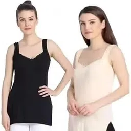 Lace Neck Long Camisole for Women, Lace Neck Spaghetti, Camisole Slip, Women Long Inner wear Noorie Black cream0PP image 1