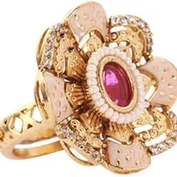 itrani Zehra Antique Floral Adjustable Ring ? Brass with Rani Stone, Pearl & Enamel Detailing-picture-46