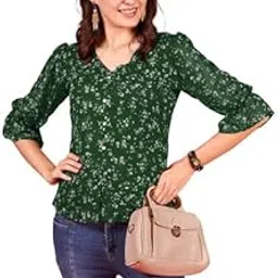 Women's Georgette Top with Long Puff Sleeves V Neck Floral Printed Classic Fit Western Style and Standard Length-image-26