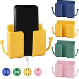 Mobile Phone Wall Stand Holder with 2 Side Hooks Charger Sticker Plastic Mount Hanger Storage Case Organizer for Keys TV AC Remote Plug with Self Adhesive Mixed Colors (1)-image-70
