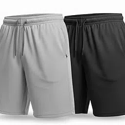 Men's Athletic Cotton Shorts, Drawstring Waist, Grey and Black, 2-Pack-image-1