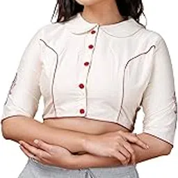 jalpaibon Band Collar Cotton Blend Women Short Sleeve Blouse in White-JALPBL-24-02-130||Readymade Blouse for Women ||JALPBL-24-02-130-picture-49
