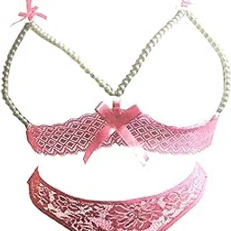 Women's Sexy Lace Pearl Design Bra and Panty Lingerie Set Free Size-image-12