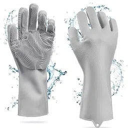 LEOPAX Heavy Duty Magic Silicone Gloves Cleaning Hand Gloves for Dishes, Dishwashing with Scrubbers, Dish Gloves for Kitchen, Car Washing, Pet Grooming Latex Free Gloves (Grey Color, Pack of 1 Pair) image 1
