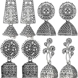 Silver Oxidised Earrings Jhumka Set For Women Girls Stylish Traditional Pearl Small Jhumki Earings Pair Combo Of 4-image-64